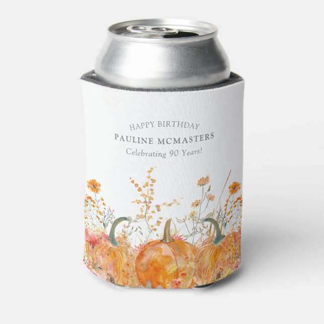 90th Birthday Party Pumpkin Wildflower Custom Can Cooler (Can Back)