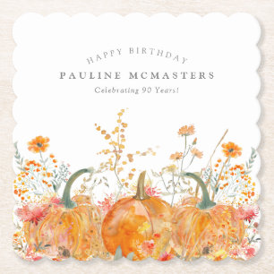 90th Birthday Party Pumpkin Wildflower Custom Paper Coaster