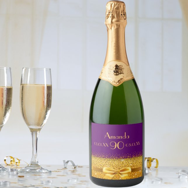 90th birthday party purple and faux gold bow sparkling wine label (Creator Uploaded)