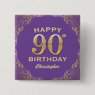 90th Birthday Party Purple and Gold Glitter Frame 2 Inch Square Button