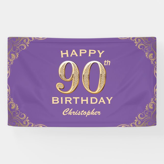 90th Birthday Party Purple and Gold Glitter Frame Banner (Horizontal)