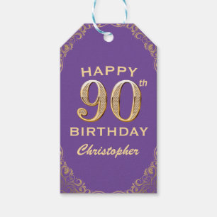 90th Birthday Party Purple and Gold Glitter Frame Gift Tags