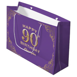 90th Birthday Party Purple and Gold Glitter Frame Large Gift Bag