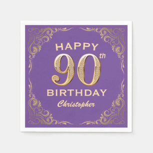 90th Birthday Party Purple and Gold Glitter Frame Napkin