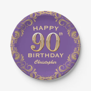 90th Birthday Party Purple and Gold Glitter Frame Paper Plate
