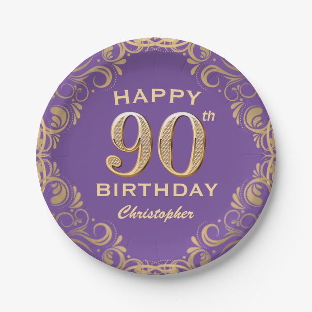 90th Birthday Party Purple and Gold Glitter Frame Paper Plate (Front)
