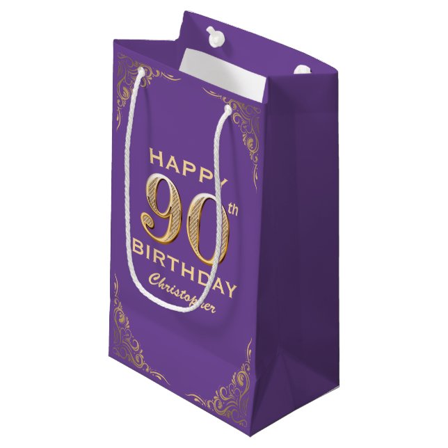 90th Birthday Party Purple and Gold Glitter Frame Small Gift Bag (Front Angled)
