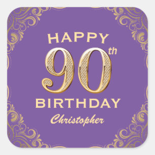 90th Birthday Party Purple and Gold Glitter Frame Square Sticker