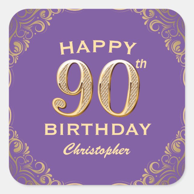 90th Birthday Party Purple and Gold Glitter Frame Square Sticker (Front)