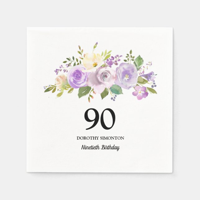 90th Birthday Party Purple Floral Napkin (Front)