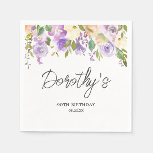 90th Birthday Party Purple Rose Floral Custom Napkin