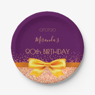 90th birthday party purple rose gold bow name paper plate