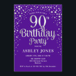 90th Birthday Party - Purple & Silver Invitation<br><div class="desc">90th Birthday Party Invitation.
Elegant design in royal purple and faux glitter silver. Features stylish script font and confetti. Message me if you need custom age.</div>