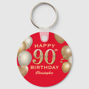 90th Birthday Party Red and Gold Balloons Keychain