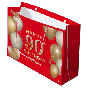 90th Birthday Party Red and Gold Balloons Large Gift Bag