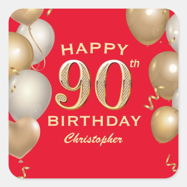 90th Birthday Party Red and Gold Balloons Square Sticker (Front)