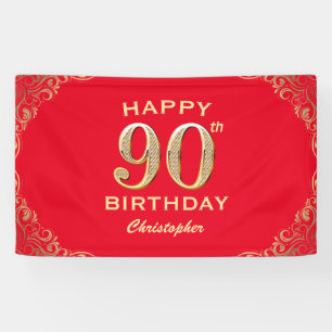 90th Birthday Party Red and Gold Glitter Frame Banner