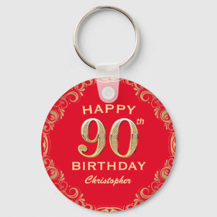 90th Birthday Party Red and Gold Glitter Frame Keychain