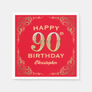 90th Birthday Party Red and Gold Glitter Frame Napkin