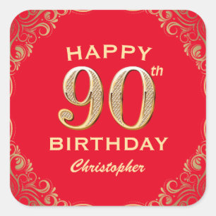 90th Birthday Party Red and Gold Glitter Frame Square Sticker