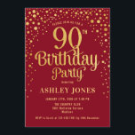 90th Birthday Party - Red & Gold Invitation<br><div class="desc">90th Birthday Party Invitation.
Elegant design in red and faux glitter gold. Features stylish script font and confetti. Message me if you need custom age.</div>