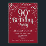 90th Birthday Party - Red & Silver Invitation<br><div class="desc">90th Birthday Party Invitation.
Elegant design in dark red and faux glitter silver. Features stylish script font and confetti. Message me if you need custom age.</div>