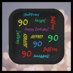 90th Birthday Party, Repeating Name, Black Square Paper Plate<br><div class="desc">What a wonderful, personalized paper plate for a 90th birthday party or any other occasion. Name and Age repeat in different fonts and primary colours on a black background. Easy to personalize - just CHANGE NAME, AGE, and OCCASION in ONE PLACE. Supports name up to 9 characters. A colourful and...</div>
