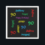 90th Birthday Party Repeating Names, Black Paper Napkin<br><div class="desc">What a wonderful, personalized paper napkin for a 90th birthday party or any other occasion. Name and Age repeats in different fonts and primary colours on a black background. Easy to personalize - just CHANGE NAME, AGE, and OCCASION in ONE PLACE. Supports name up to 9 characters. A colourful and...</div>