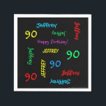 90th Birthday Party Repeating Names, Black Paper Napkin<br><div class="desc">What a wonderful, personalized paper napkin for a 90th birthday party or any other occasion. Name and Age repeats in different fonts and primary colours on a black background. Easy to personalize - just CHANGE NAME, AGE, and OCCASION in ONE PLACE. Supports name up to 9 characters. A colourful and...</div>