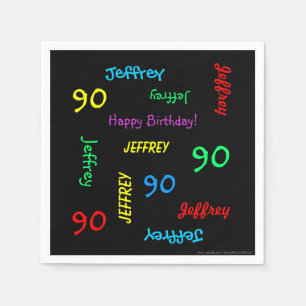 90th Birthday Party Repeating Names, Black Paper Napkin