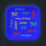 90th Birthday Party, Repeating Names, Blue Square Paper Plate<br><div class="desc">What a wonderful, personalized paper plate for a 90th birthday party or any other occasion. Name and Age repeat in different fonts and primary colours on a bright blue background. Easy to personalize - just CHANGE NAME, AGE, and OCCASION in ONE PLACE. Supports name up to 9 characters. Choose square...</div>