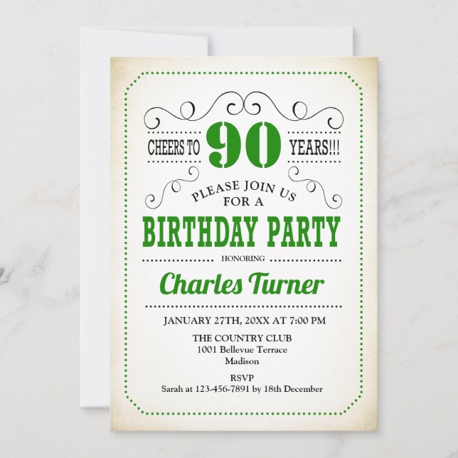 90th Birthday Party - Retro Creamy White and Green Invitation (Front)