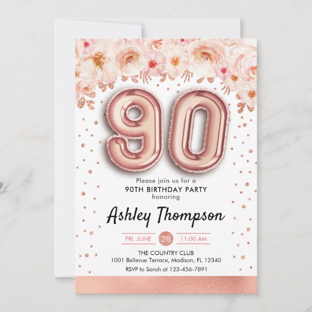 90th Birthday Party - Rose Gold Balloons Invitation (Front)