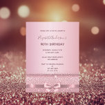 90th birthday party rose gold sparkle invitation postcard<br><div class="desc">A modern, stylish and glamourous invitation for a woman's 90th birthday party. A faux rose gold metallic looking background with an elegant rose gold bow, ribbon and sparkle. The name is written with a modern dark rose gold coloured hand lettered style script. Templates for your party details. Tip: If you...</div>