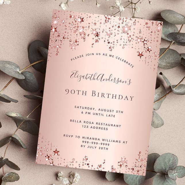 90th birthday party rose gold stars invitation postcard (Creator Uploaded)