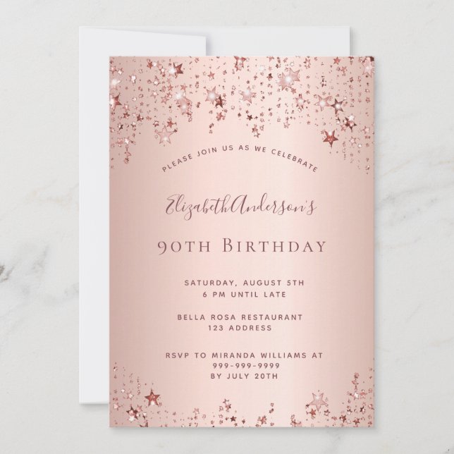 90th birthday party rose gold stars sprinkle invitation (Front)