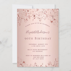 90th birthday party rose gold stars sprinkle invitation