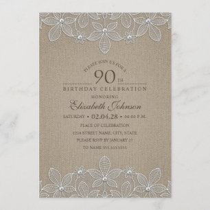 90th Birthday Party Rustic Burlap Pearls and Lace Invitation