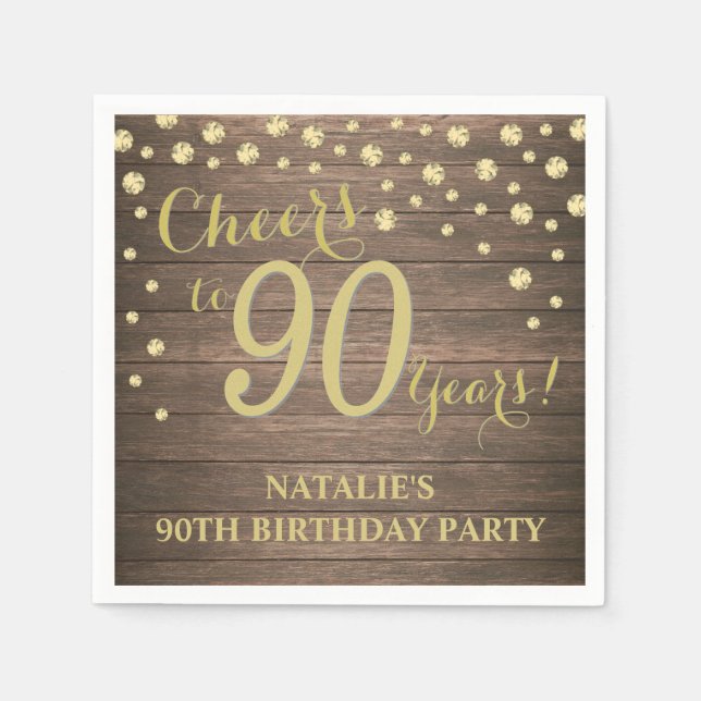 90th Birthday Party Rustic Wood and Gold Diamond Napkin (Front)