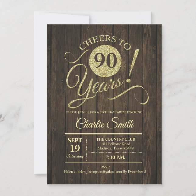 90th Birthday Party - Rustic Wood Gold Invitation (Front)