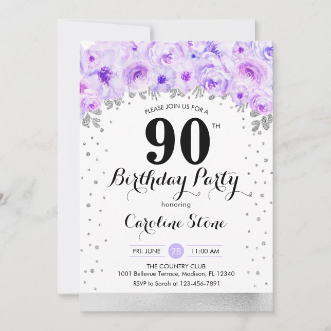 90th Birthday Party - Silver Purple Flowers Invitation (Front)