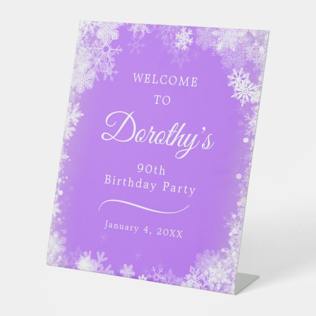 90th Birthday Party Snowflake Purple Welcome Pedestal Sign (Front)