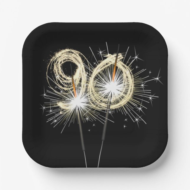 90th Birthday Party Sparklers on Black  Paper Plate (Front)