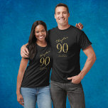 90th Birthday Party T-Shirt<br><div class="desc">Celebrate a special 90th birthday with this black t-shirt featuring gold script. Show your love and appreciation for the birthday boy or girl with this eye-catching t-shirt that can be easily personalized. Make this 90th birthday celebration even more special with this stylish and modern t-shirt that will be sure to...</div>
