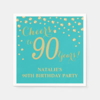 90th Birthday Party Teal and Gold Diamond Napkins