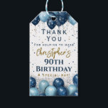 90th Birthday Party Thank You Gift Tags<br><div class="desc">A gorgeous royal and light blue 90th birthday favour tag. This balloon themed design is the perfect party gift tag. Personalize with our own custom name and message. Gold and blue typography on a white background.</div>