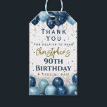 90th Birthday Party Thank You Gift Tags<br><div class="desc">A gorgeous royal and light blue 90th birthday favour tag. This balloon themed design is the perfect party gift tag. Personalize with our own custom name and message. Gold and blue typography on a white background.</div>