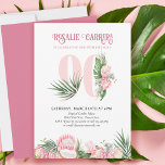 90th Birthday Party Tropical Pink Protea Number 90 Invitation<br><div class="desc">90th birthday party invitation with number 90 decorated with tropical palm leaves,  pink protea flower blooms and a coconut. Subtle feminine and elegant design with watercolor floral arrangements in shades of pink and green. Perfect for 90th birthday celebration,  luau party or garden tea party.</div>