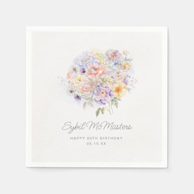 90th Birthday Party Watercolor Floral Custom Napkin (Front)