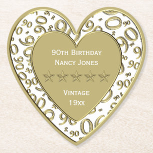90th Birthday Party White and Gold Theme Paper Coaster